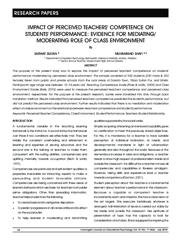 (PDF) Impact of Perceived Teachers' Competence on Students' Performance ...