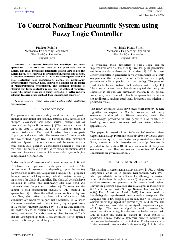 (PDF) To Control Nonlinear Pneumatic System using Fuzzy Logic Controller