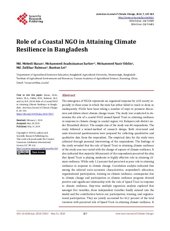 (PDF) Role of a Coastal NGO in Attaining Climate Resilience in Bangladesh