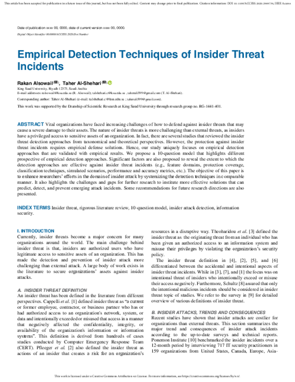 (PDF) Empirical Detection Techniques of Insider Threat Incidents