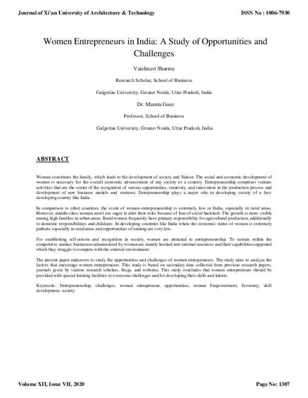 (PDF) Women Entrepreneurs in India: A Study of Opportunities and Challenges