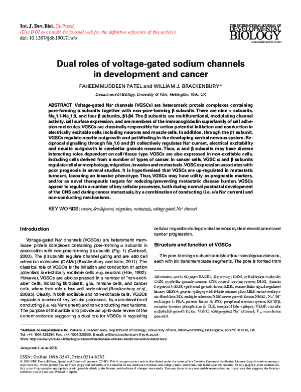(PDF) Dual roles of voltage-gated sodium channels in development and cancer