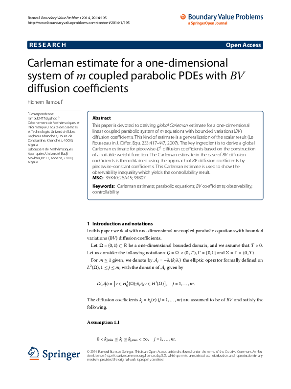 (PDF) Carleman estimate for a one-dimensional system of m coupled ...