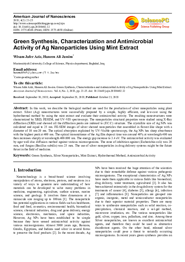 (PDF) Green Synthesis, Characterization and Antimicrobial Activity of ...