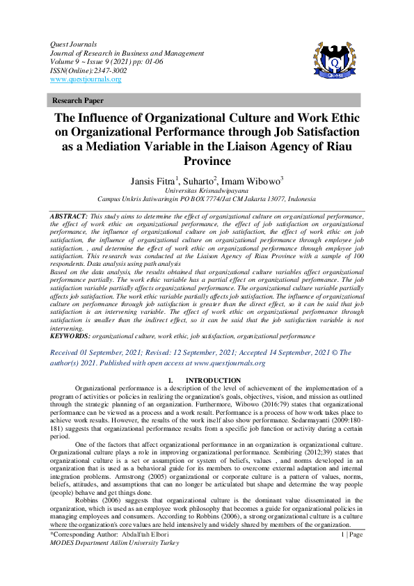 (PDF) The Influence of Organizational Culture and Work Ethic on ...