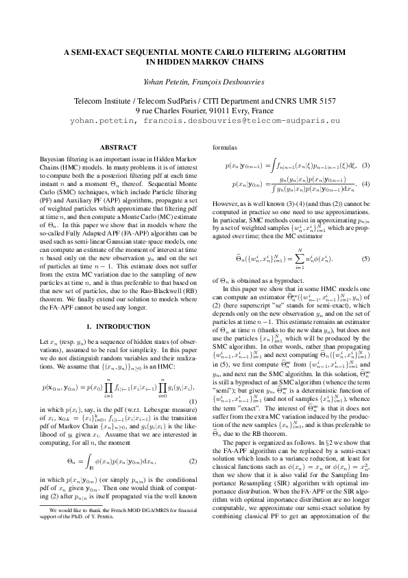 (PDF) A semi-exact sequential Monte Carlo filtering algorithm in Hidden ...