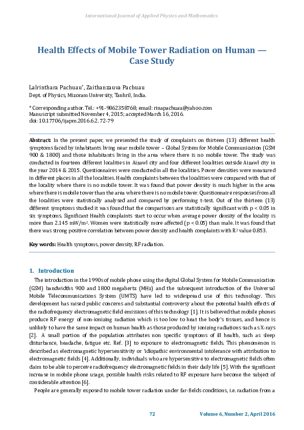 (PDF) Health Effects of Mobile Tower Radiation on Human — Case Study