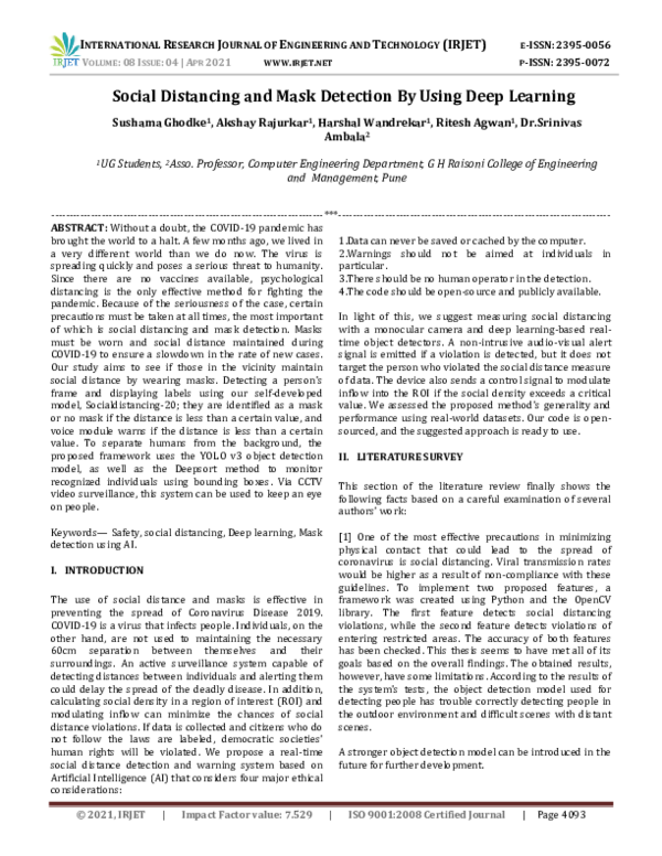(PDF) IRJET- Social Distancing and Mask Detection by using Deep Learning