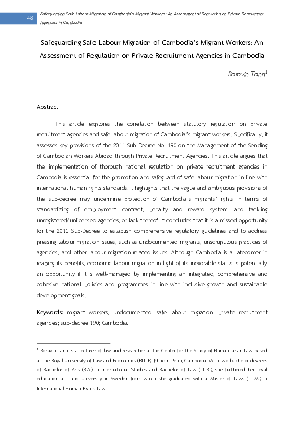PDF) Safeguarding Safe Labour Migration of Cambodia&rsquo;s Migrant 