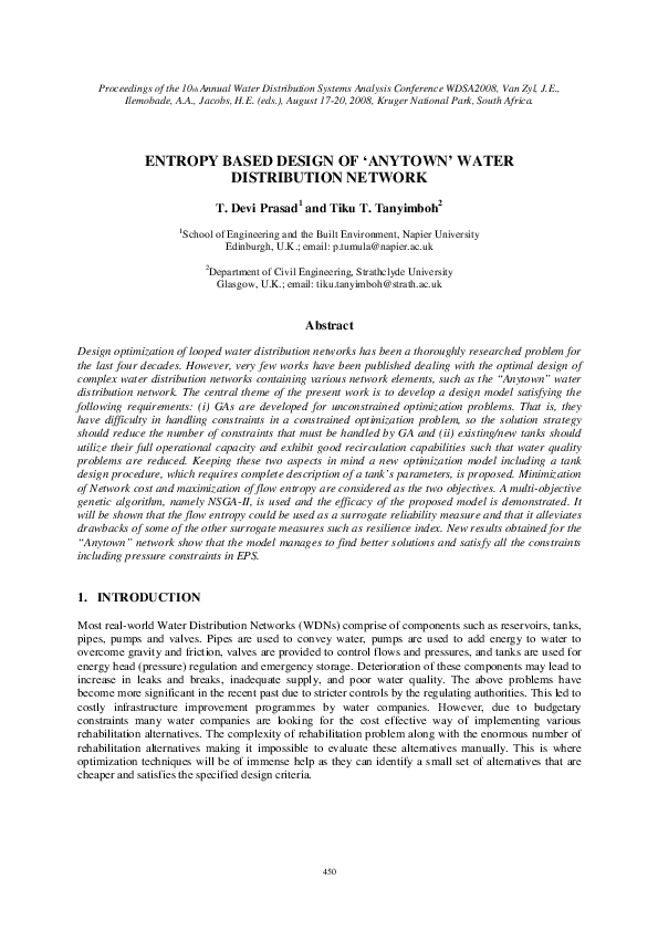 (PDF) Entropy Based Design of ''Anytown'' Water Distribution Network