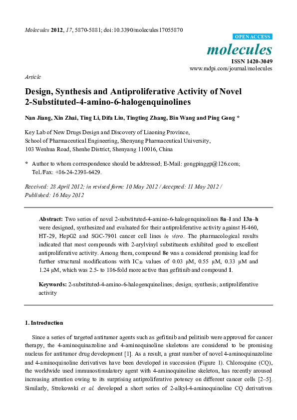 (PDF) Design, synthesis and antiproliferative activity of some new ...