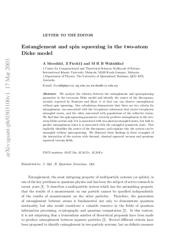 (PDF) Entanglement and spin squeezing in the two-atom Dicke model ...