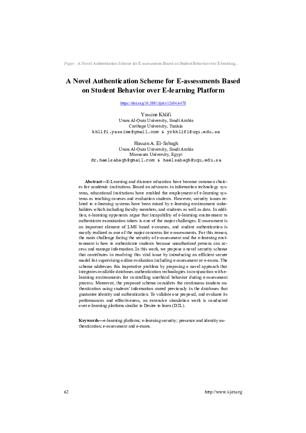 (PDF) A Novel Authentication Scheme for E-assessments Based on Student ...
