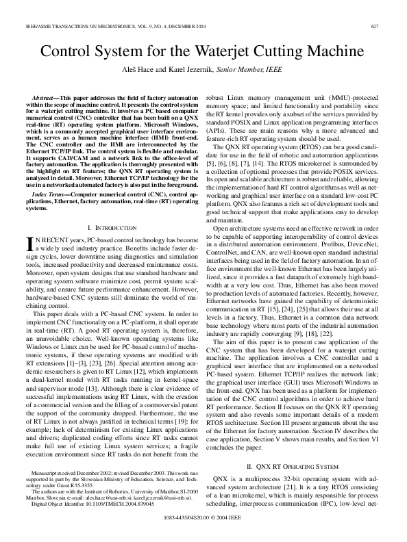 (PDF) Control System for the Waterjet Cutting Machine