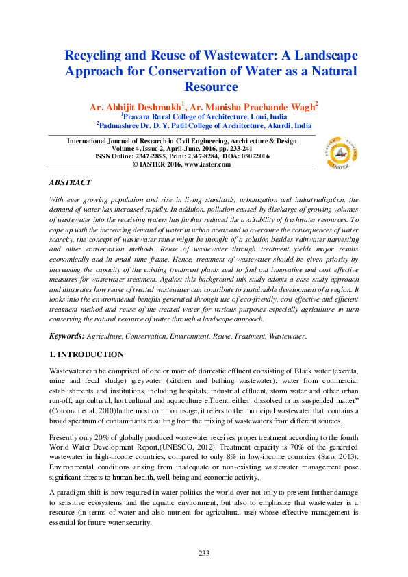 (PDF) Recycling and Reuse of Wastewater: A Landscape Approach for ...