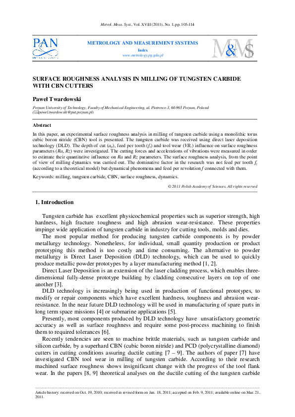 (PDF) Surface Roughness Analysis in Milling of Tungsten Carbide with ...