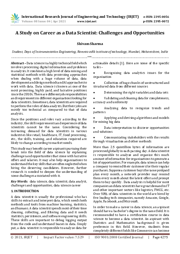 (PDF) IRJET- A Study on Career as a Data Scientist: Challenges and ...