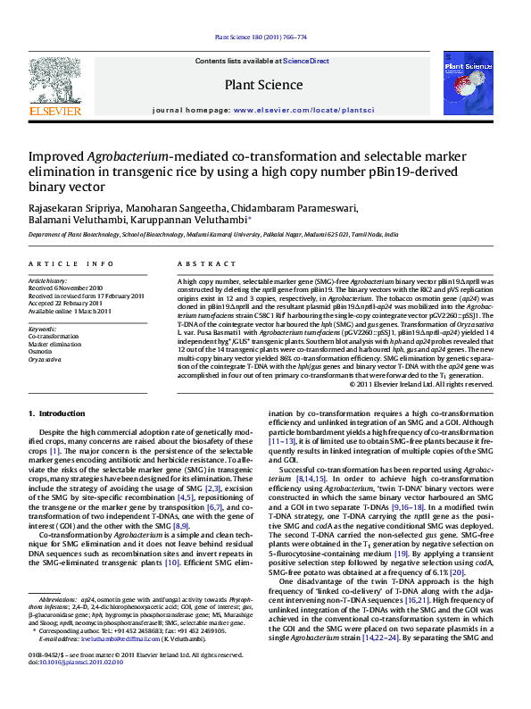 (PDF) Improved Agrobacterium-mediated co-transformation and selectable ...