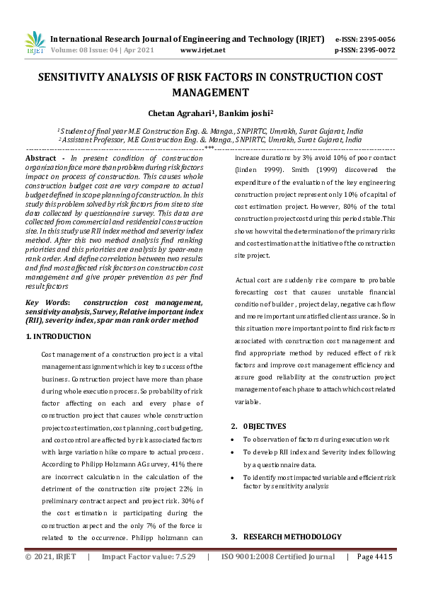 (PDF) IRJET- SENSITIVITY ANALYSIS OF RISK FACTORS IN CONSTRUCTION COST ...