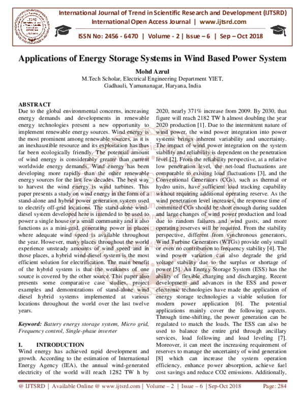 (PDF) Applications of Energy Storage Systems in Wind Based Power System