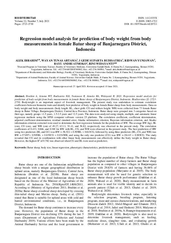 (PDF) Regression model analysis for prediction of body weight from body ...