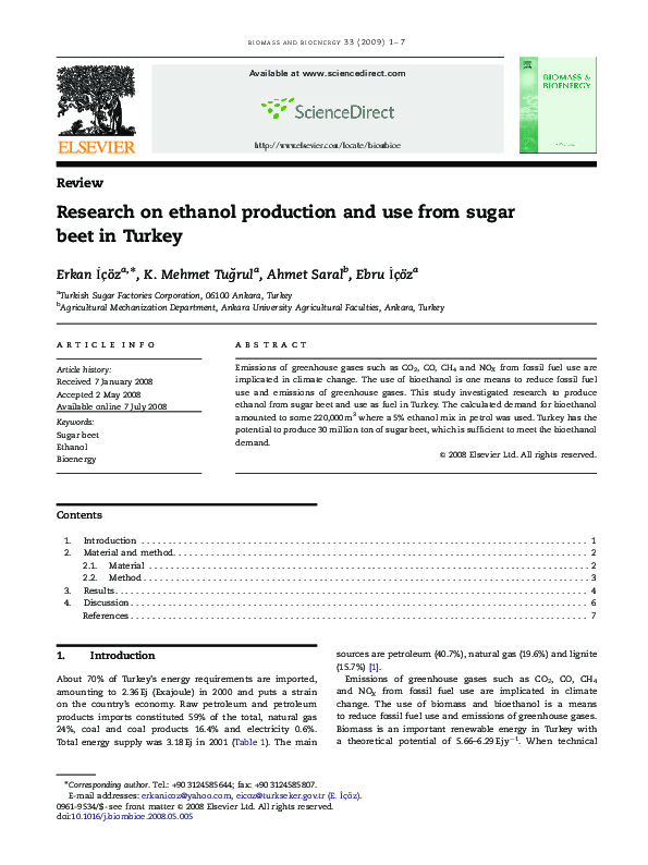 (PDF) Research on ethanol production and use from sugar beet in Turkey