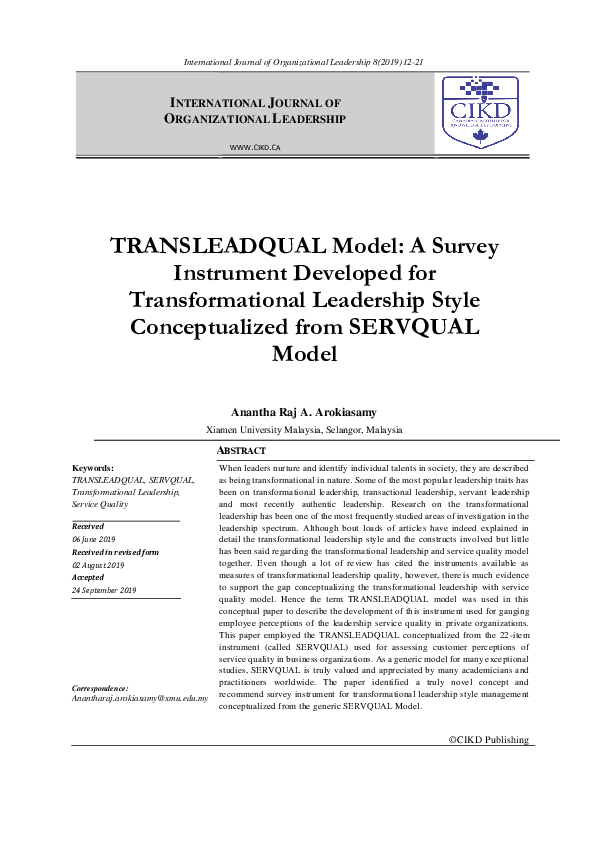 (PDF) TRANSLEADQUAL Model: A Survey Instrument Developed for ...