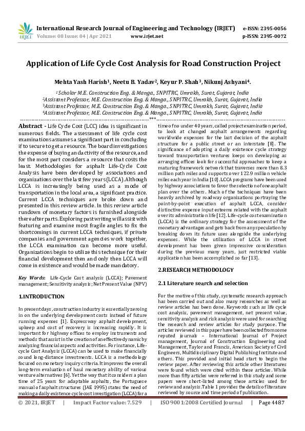 (PDF) IRJET- Application of Life Cycle Cost Analysis for Road ...