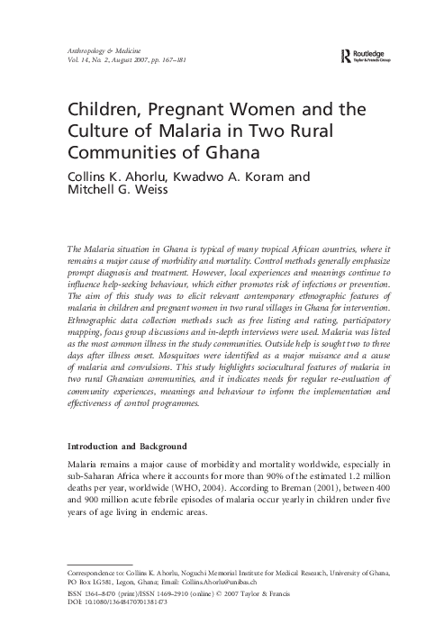 (PDF) Children, Pregnant Women and the Culture of Malaria in Two Rural ...