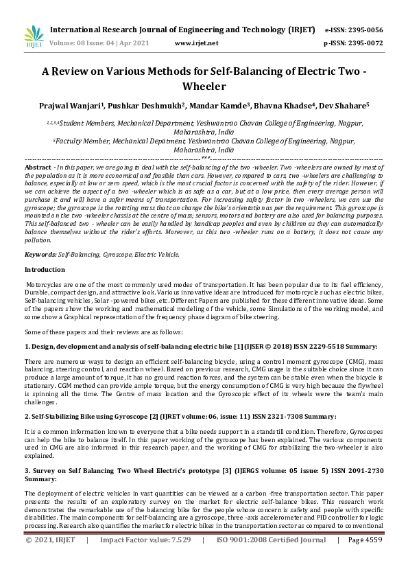 (PDF) IRJET- A Review on Various Methods for Self-Balancing of Electric ...