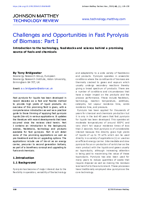 (PDF) Challenges and Opportunities in Fast Pyrolysis of Biomass: Part I