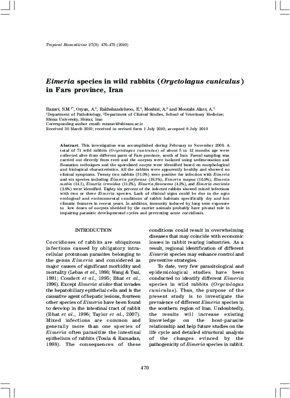 (PDF) Eimeria species in wild rabbits (Oryctolagus cuniculus) in Fars ...