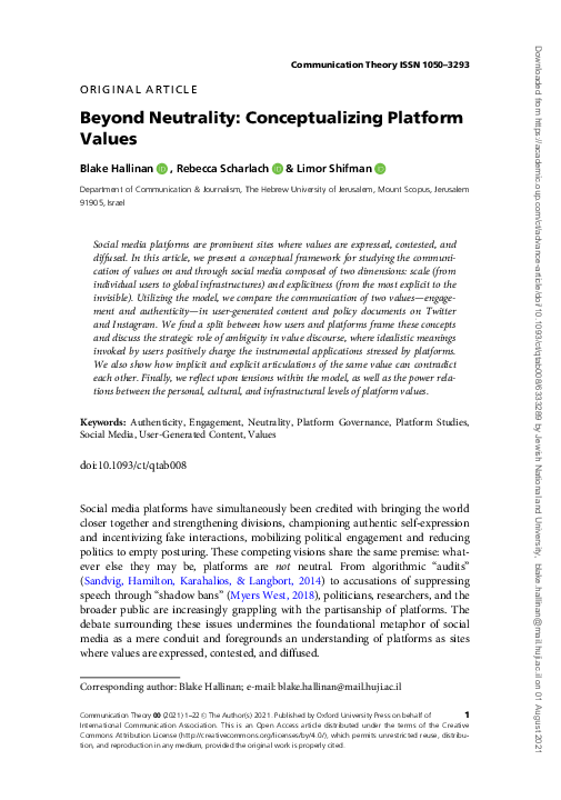 (PDF) Beyond Neutrality: Conceptualizing Platform Values