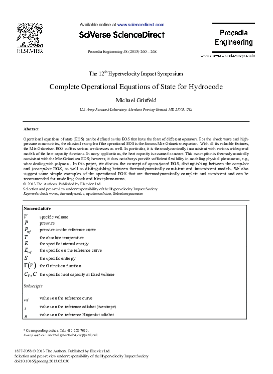 (PDF) Complete Operational Equations of State for Hydrocode