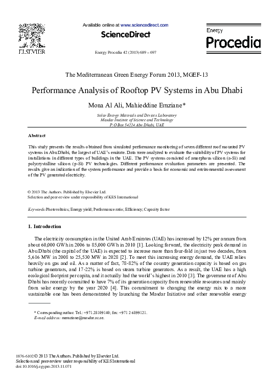(PDF) Performance Analysis of Rooftop PV Systems in Abu Dhabi