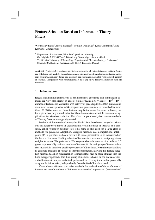 (PDF) Feature Selection Based on Information Theory Filters