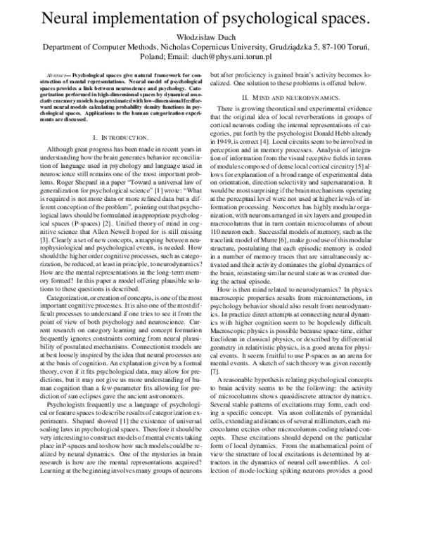 (PDF) Neural implementation of psychological spaces