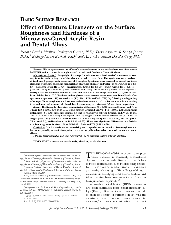 (PDF) Effect of Denture Cleansers on the Surface Roughness and Hardness ...