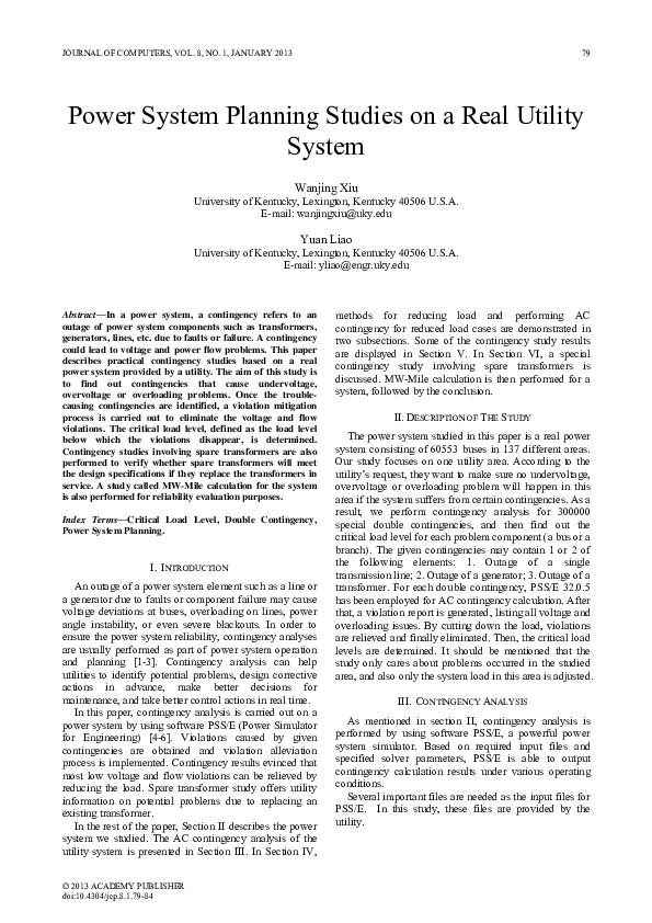 (PDF) Power System Planning Studies on a Real Utility System
