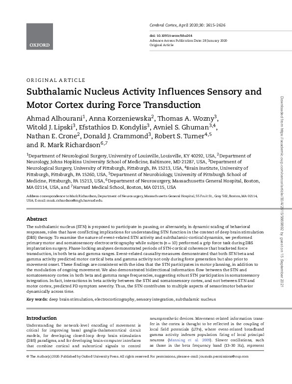 (PDF) Subthalamic Nucleus Activity Influences Sensory and Motor Cortex ...