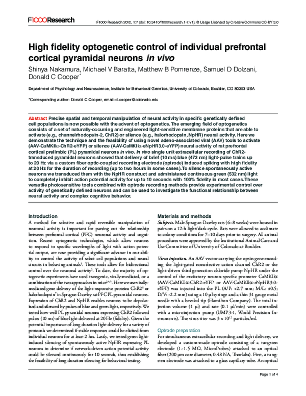 (PDF) High fidelity optogenetic control of individual prefrontal ...
