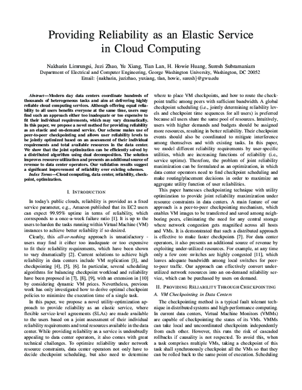 (PDF) Providing reliability as an elastic service in cloud computing