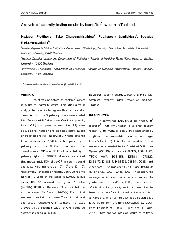 (PDF) Analysis of paternity testing results by Identifiler™ system in ...