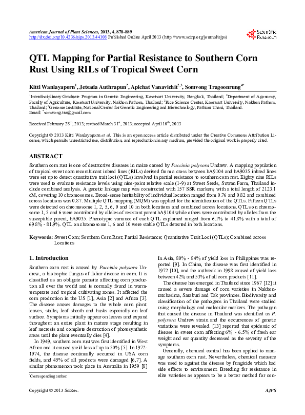 (PDF) QTL Mapping for Partial Resistance to Southern Corn Rust Using ...