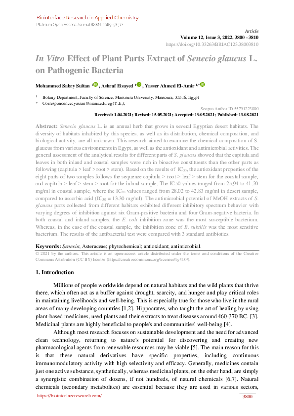 (PDF) In Vitro Effect of Plant Parts Extract of Senecio glaucus L. on ...