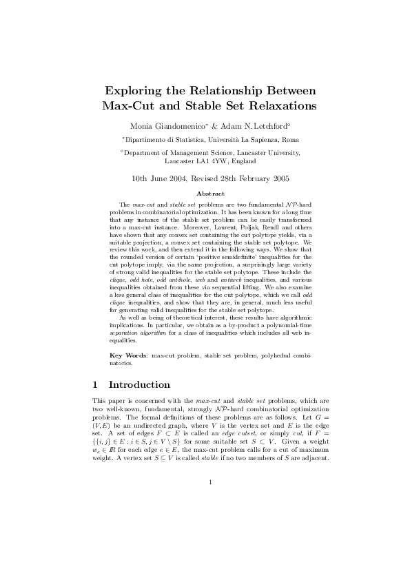 (PDF) Exploring the Relationship Between Max-Cut and Stable Set Relaxations