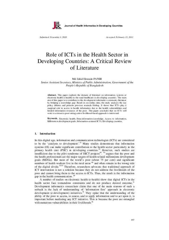 (PDF) Role of ICTs in the Health Sector in Developing Countries: A ...