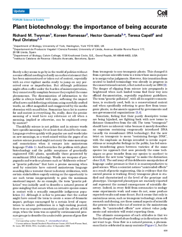 (PDF) Plant biotechnology the importance of being accurate Hector