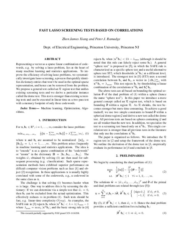 (PDF) Fast lasso screening tests based on correlations