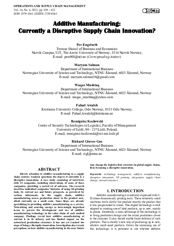 (PDF) Additive Manufacturing: Currently a Disruptive Supply Chain ...